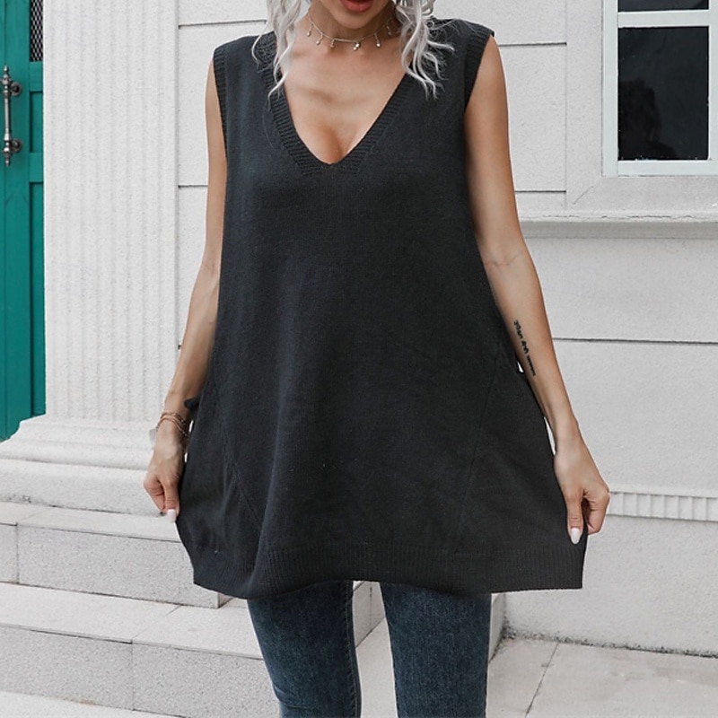 Femmes Pull Occasionnel Couleur Unie Épais Col en V Tricoté Sans manches Hauts Réguliers Tricoter Quotidien Fête Sortir Noir Automne Hiver de 2025 ? $23.99 –P5