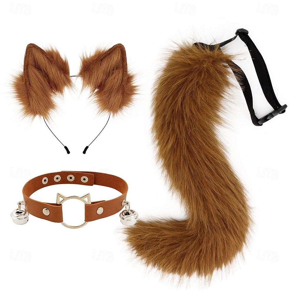 Bandă drăguță cu urechi de pisică, coadă și zgardă cu păr blănos – accesorii pentru cosplay cu animale, costum de fată-pisică pentru Halloween, petrecere și spectacol 2026 - $33.99 –P11