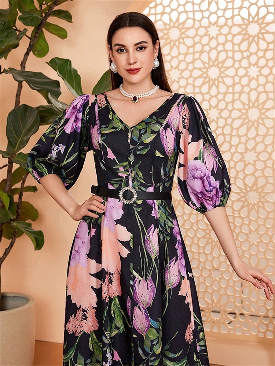 Linea ad A Abito da cerimonia per signora Elegante Scollo a V Lunghezza al pavimento Chiffon Mezza Manica con Fascia / Nastro Pieghe Fiore 2025 del 2025 a $119.99 –P6