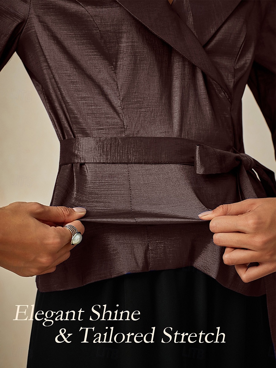 Femmes Chemisier Hauts de soirée Élégant Métallique Moderne Manche 3/4 Col en V Hauts Réguliers robe demoiselle d honneur Soirée Semi-Formel Nœud devant Marron Printemps, Automne, Hiver, Été de 2025 ? $79.99 –P3