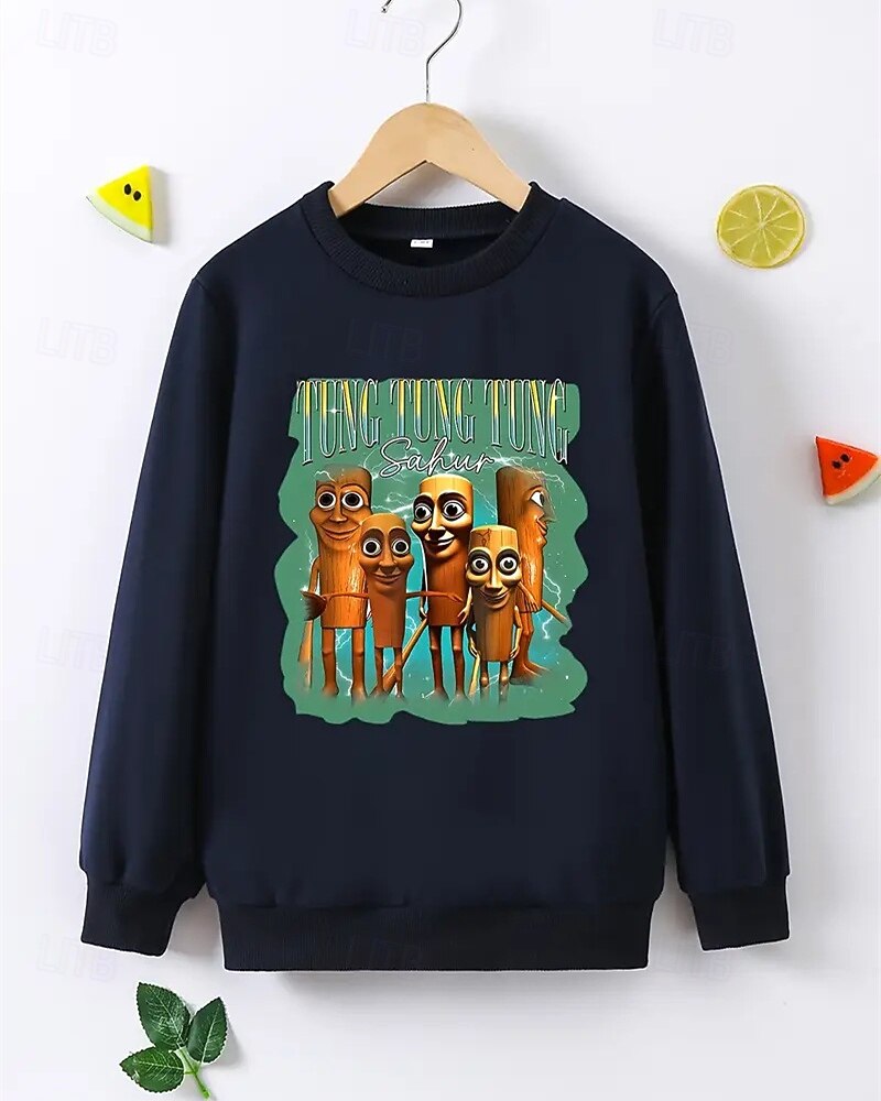 Jungen Langarmshirt mit italienischem Brain Rot Element Tung Tung Tung Sahur Print Frühling Herbst Mode Basic Kinder 4-12 Jahre Rundhalsausschnitt Outdoor Casual Täglich Regular Fit 2025 - $17.49 –P3