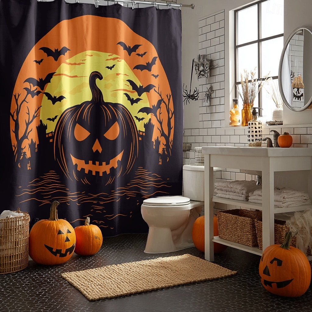 Halloweenský sprchový závěs s háčky, polyesterový, pratelný, voděodolný, vzorovaný, koupelnová vana, dekorace 2025 - $21.99 –P31