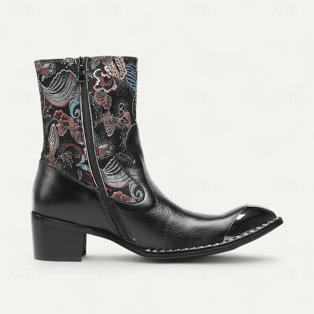 Bottes de motard western noires en cuir de vachette pour hommes avec broderie florale et bout en métal, style cowboy rétro pour la conduite à moto, les événements country et la mode festival de 2025 ? $139.99 –P7