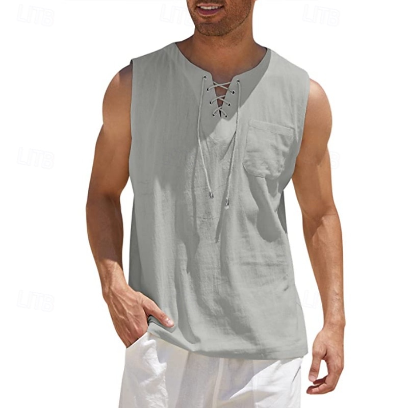 Per uomo Camicia Camicia di lino Camicia popover Camicia Estiva Abbigliamento da spiaggia Maglietta senza maniche Tinta unica Vacanza Streetwear Nero Bianco Blu marino Azzurro cielo Senza Maniche del 2025 a $19.99 –P7