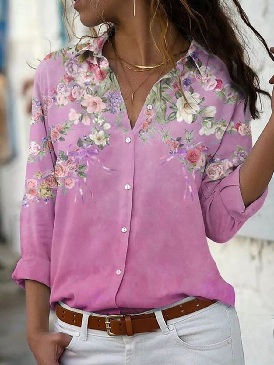 Damenhemd Langarm Knopfbluse Ombre Floral Grafik Alltag Stilvolle Lässige Hemdkragen Reguläre Oberteile Arbeit Alltag Urlaub Knöpfe Druck Salbeigrün Pink Blau Helllila Lila 2025 - $32.99 –P1