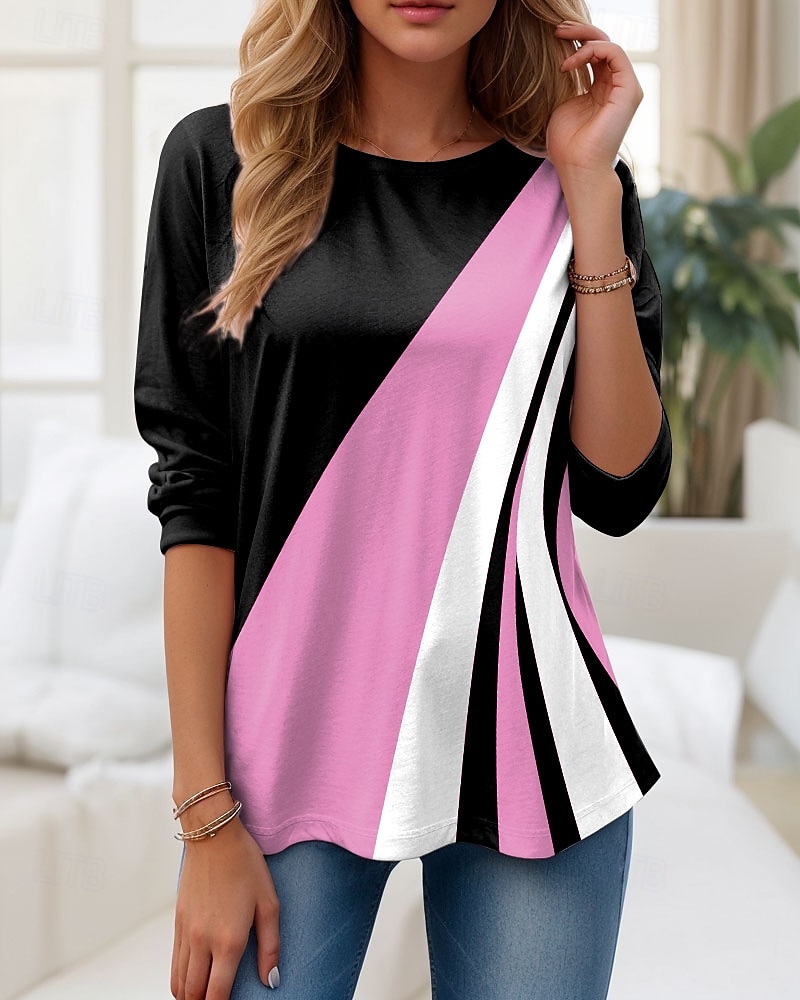 Femmes T-shirt Graphique Géométrique Bloc de Couleur ancien Élégant Classique manche longue Col ras du cou Col rond Hauts Réguliers Quotidien Imprimé Rose Claire Bleu Violet Vert Gris Été Printemps de 2025 ? $22.99 –P6