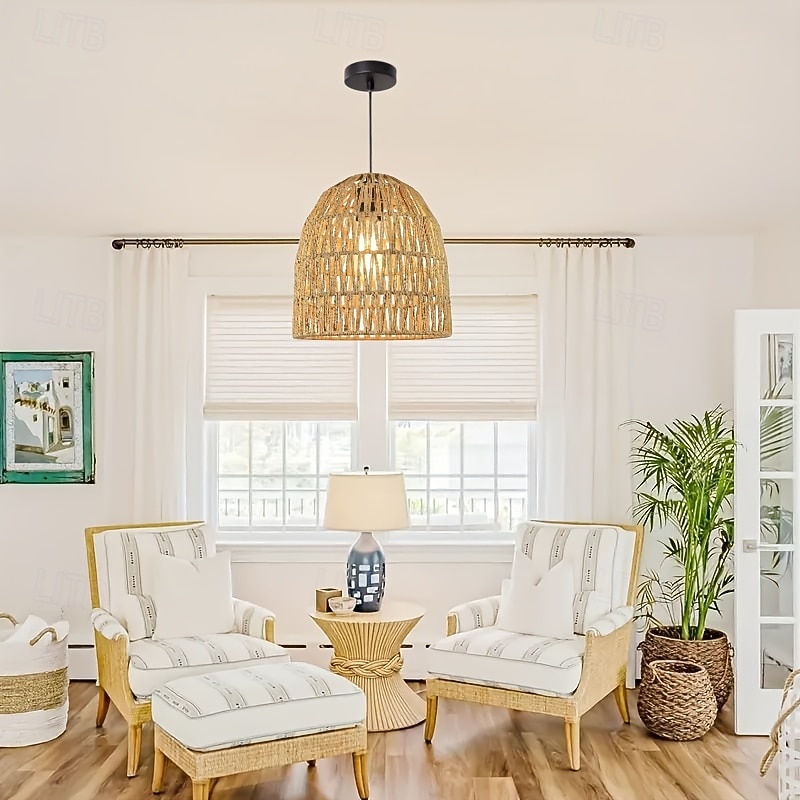 Lampa wisząca w stylu rustykalnym vintage, metalowa pleciona lina, splot bambusowy, wysokość 25 cm, ciepłe białe/białe światło, e26 e27, regulowany łańcuszek 2026 - $69.99 –P1