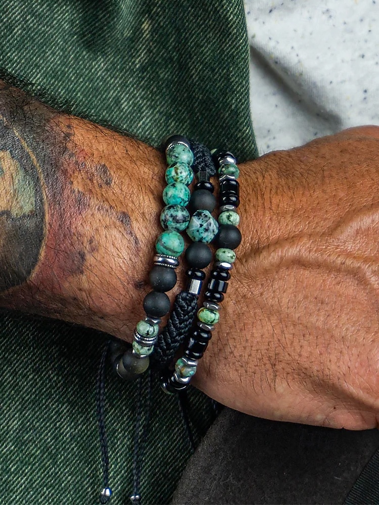 Men’s Green Stone Beaded Bracelet Set – 3-Piece Adjustable Natural Stone & Alloy Wristbands for Boho Style, Ideal for Daily Wear, Gifts and Festivals 2025 - $11.99 –P1