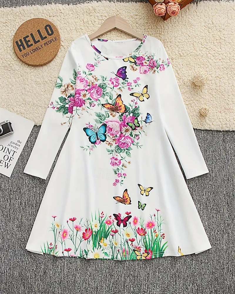 Girls' 3D Butterfly Flower Dress Long Sleeve Summer Spring Vacation Daily Holiday Princess Beautiful Sweet Kids 4-12 Years Casual Dress A Line Dress Knee-length Regular Fit 2025 - $16.99 –P2