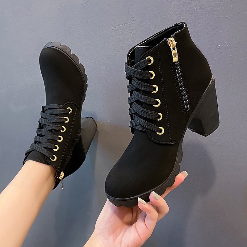Bottines noires à lacets pour femmes avec talon épais et boucle latérale, bottines courtes décontractées et tendance pour l'automne et l'hiver de 2025 ? $29.99 –P4