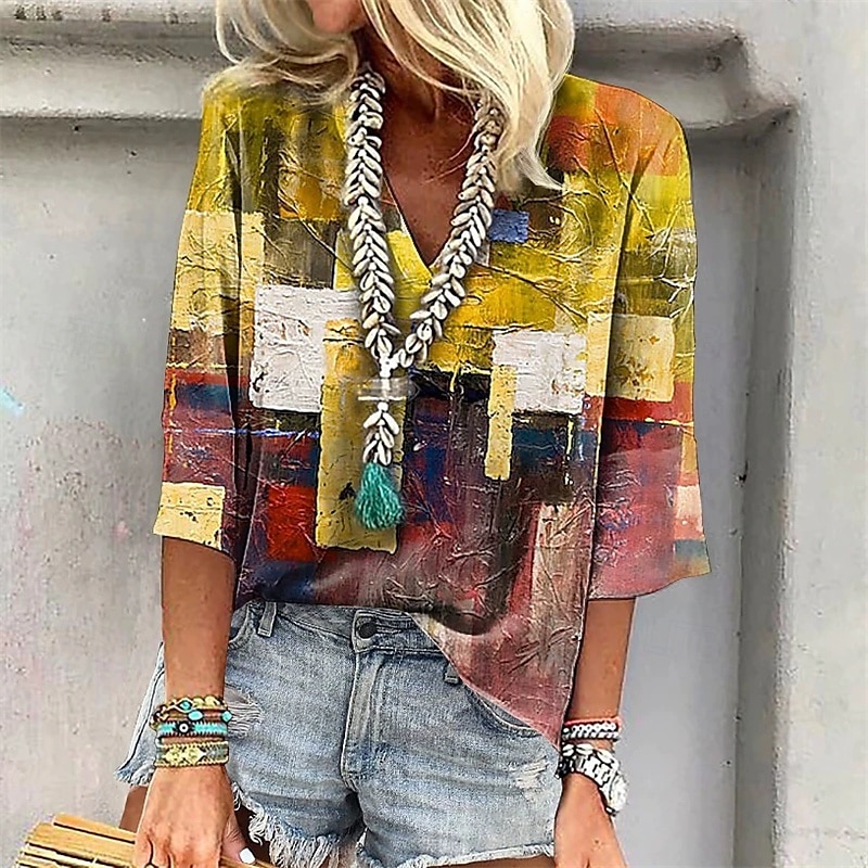 Femmes T-shirt Hauts d'été Dégradé de couleur Mode Moderne Manche 3/4 Col en V Hauts Réguliers Quotidien Imprimé Jaune Rose Claire Bleu Été de 2025 ? $18.49 –P2