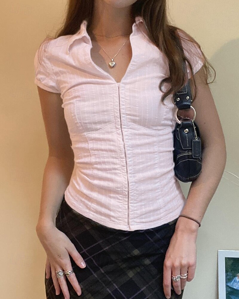 Damen Hemd Bluse Einfach Modern Lässig Kurzarm Hemdkragen Normale Oberteile Täglich Ferien Knöpfe Weiß Rosa Sommer 2025 - $24.99 –P16