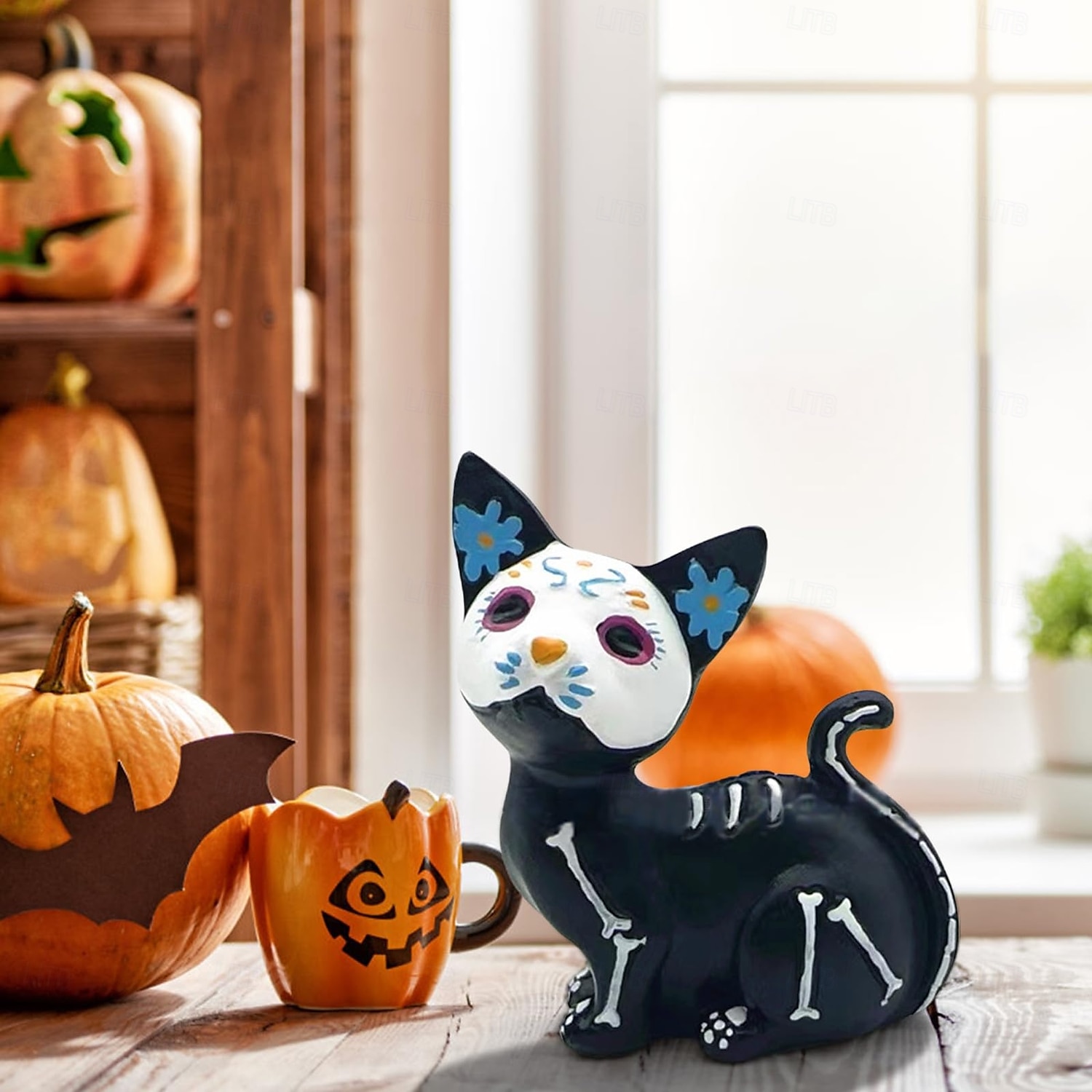 Socha psa na Den mrtvých, halloweenské cukrové lebky, socha zvířat z pryskyřice, ozdoba 2025 - $12.49 –P7