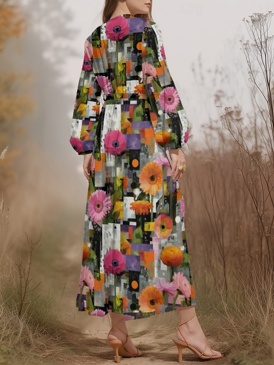 Damen Midikleid Freizeitkleid Chiffon Schwingkleid Modern Urlaub Täglich Wochenende Normale Passform Blumen Karomuster Langarm V Ausschnitt Rosa Fuchsie Grün Sommer Frühling Herbst 2025 - $31.99 –P8