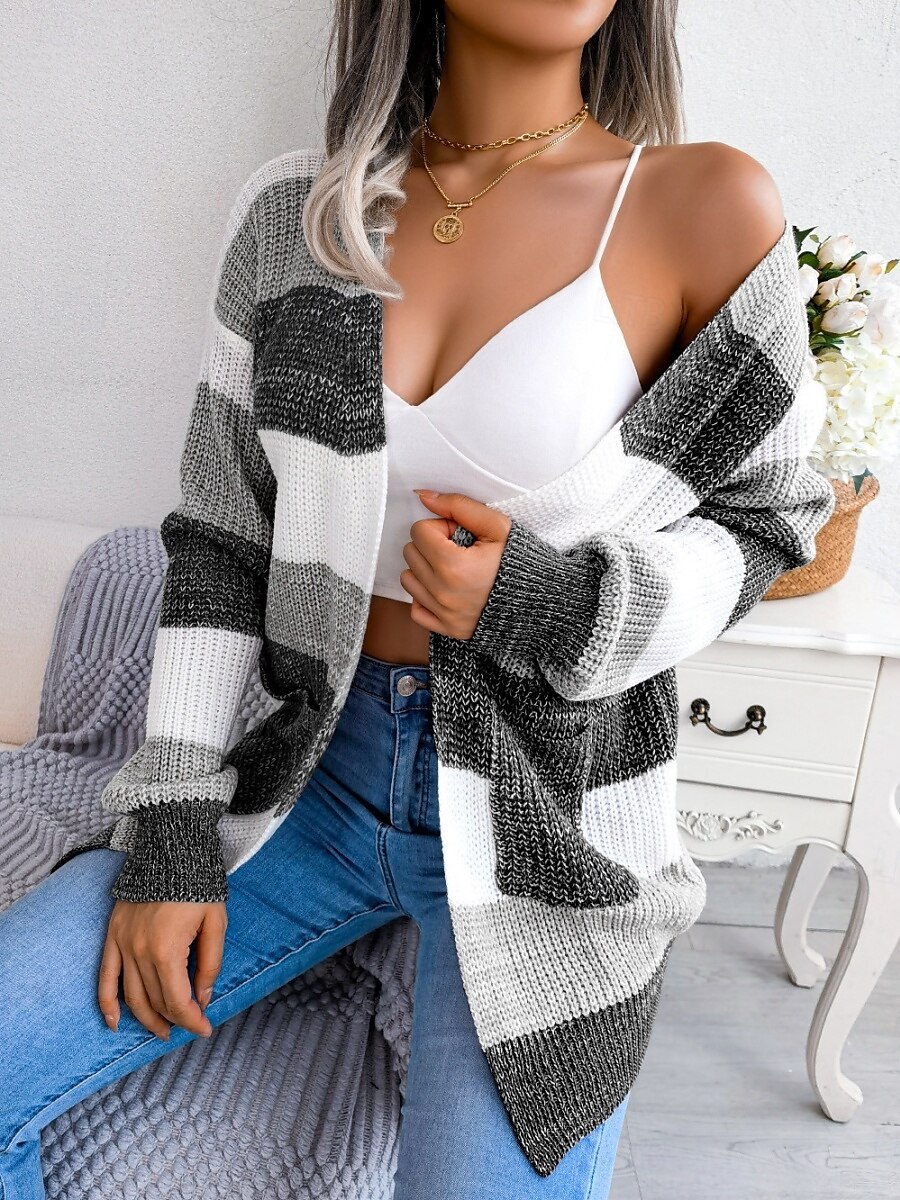 Pentru femei Pulover Bluza Elegant Modă Șic Stradă Dungi Culoare pură Deschis frontal Tricotat Manșon Lung Topuri obișnuite Tricotat În aer liber Zilnic Sfârșit de săptămână Negru Roșu Vin Toamn 2025 - $32.99 –P17