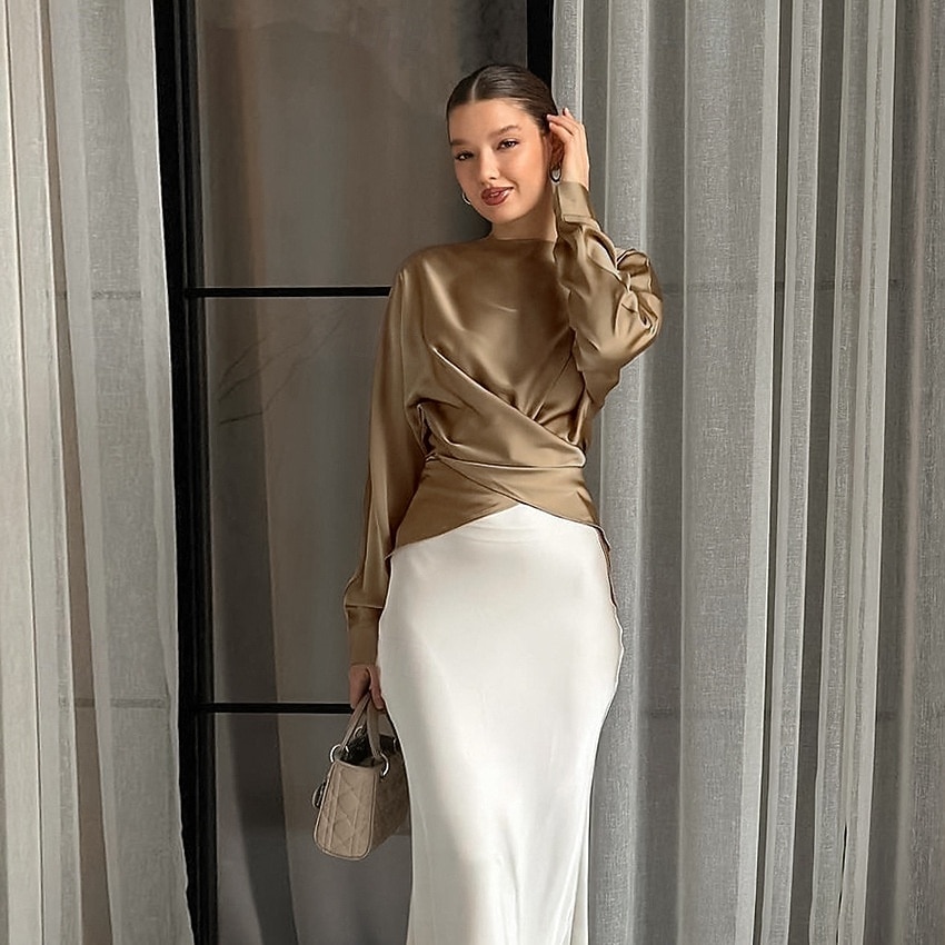 Women's Satin Shirt Dress Shirt Blouse Ruched Lace up Solid Color Elegant Vintage Stylish Long Sleeve Off Shoulder Crop Tops Daily Work Holiday khaki Spring Fall 2026 - $43.99 –P1