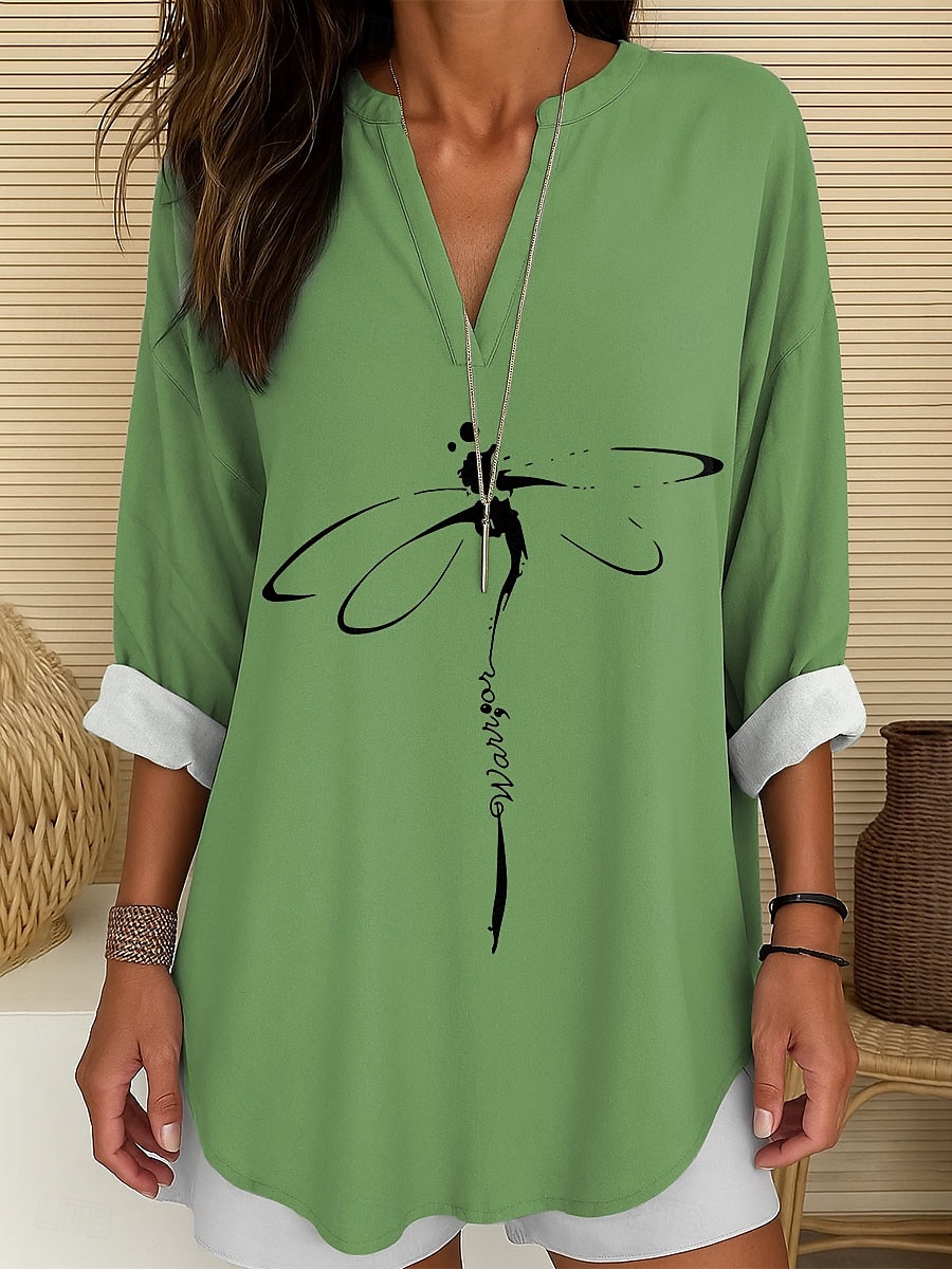 Femmes Chemisier Graphique Animal Libellule ancien Tropical Hawaïen manche longue Col en V Hauts Réguliers Quotidien Fête Tenue de plage Imprimé Blanche Bleu Violet Vert Été Printemps de 2025 ? $24.99 –P4