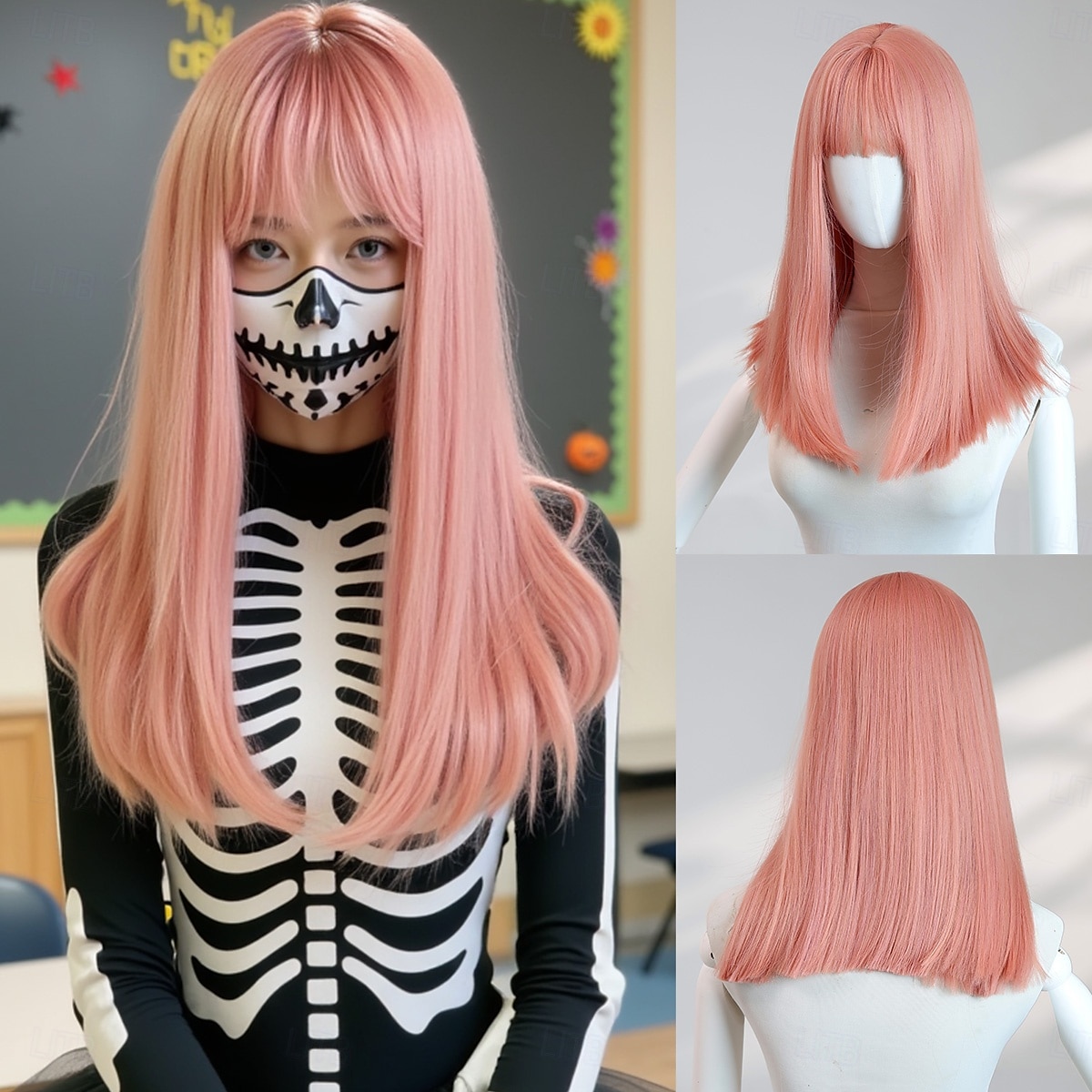 parrucca rosa liscia da donna per Halloween da 16 pollici – capelli di media lunghezza con frangia, ideale per feste in maschera, cosplay &moda di tutti i giorni del 2025 a $29.99 –P1
