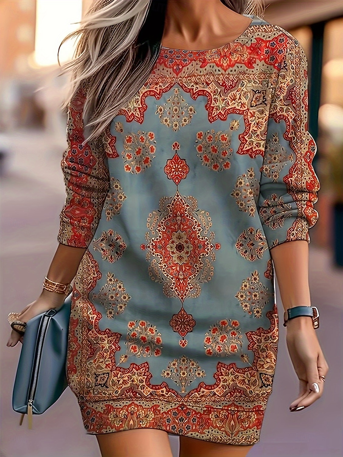 Femmes Mini Robe Robe bohème Robe Imprimée Mode Moderne Quotidien Fête Date Coupe régulière Fleuri manche longue Col ras du cou Rouge Printemps Automne de 2025 ? $22.99 –P1