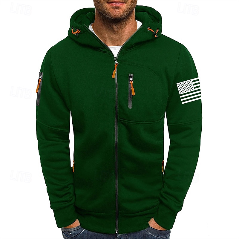 Per uomo Felpa con cappuccio Felpa con cappuccio a zip intera Nero Bianco Vino Verde militare Blu marino Con Cappuccio Bandiera Nazionale Con zip Tasca Sport & Outdoor Quotidiano Ferie Poliestere del 2025 a $22.99 –P6