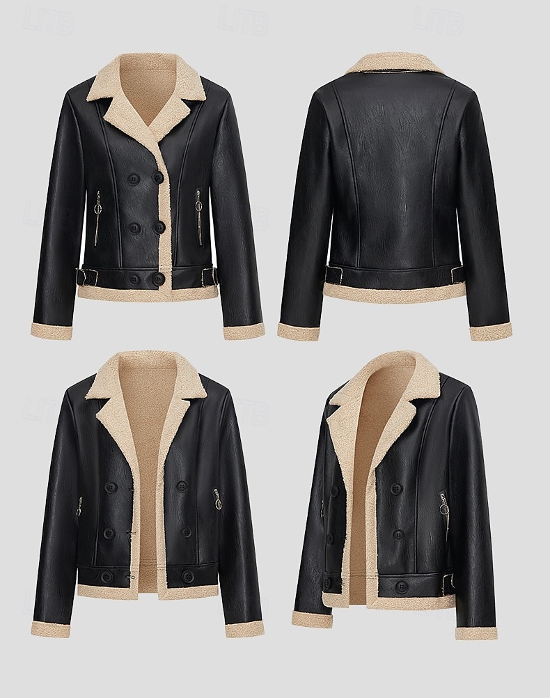 Femmes Veste en Similicuir Veste en Polaire Chaud Fermeture éclair Avec Poches Boutons ancien Mode Occasionnel Uni Rue Occasionnel Tenue quotidienne Court Revers Cranté Coupe régulière manche longue de 2025 ? $52.99 –P5
