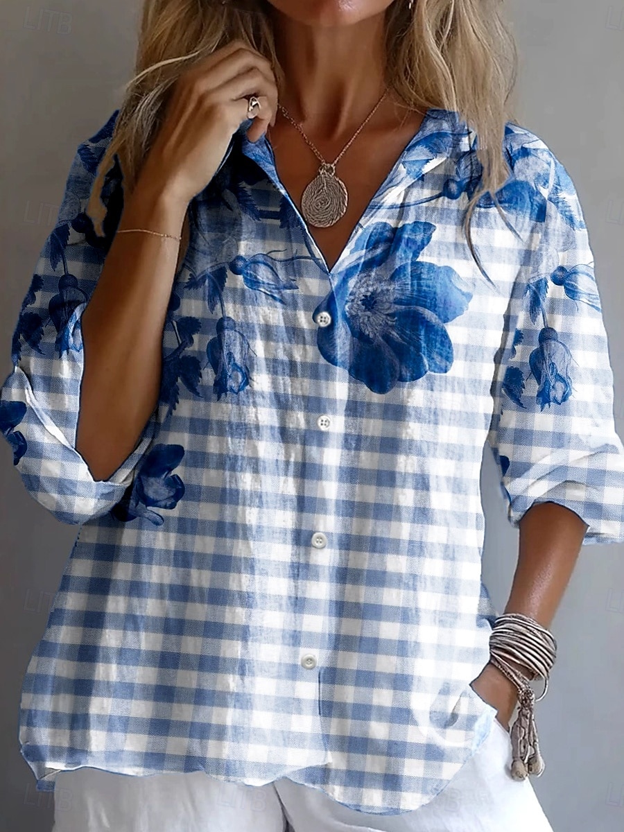 Femmes Chemise Graphique Plaid Rayé ancien Tropical Quotidien manche longue Col de chemise Hauts Réguliers Travail Quotidien Boutons Imprimé Bordeaux Rose Claire Bleu clair Été Printemps de 2025 ? $32.99 –P3