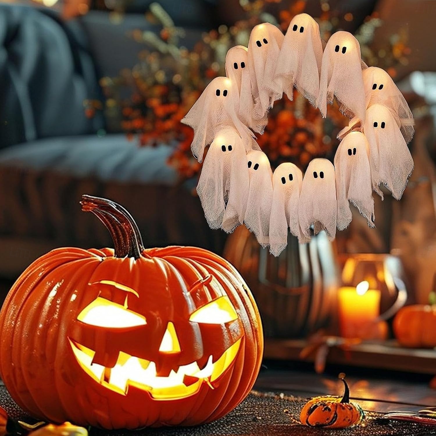 halloweeni szellemkoszorú, 12 LED-es világító fehér szellemkoszorú, kísérteties beltéri &kültéri függő dekoráció bejárati ajtóra, falra, partira, elemes halloweeni dekoráció, ünnepi hátborzongató 2025 - $25.33 –P5