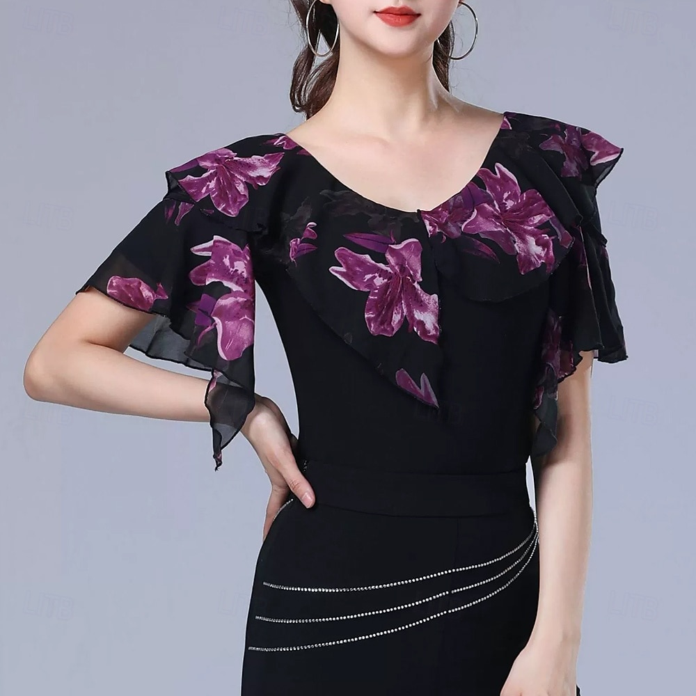 Latin Dance Top Printing Splicing Women's Performance Training Short Sleeve High Polyester 2025 - $36.99 –P3