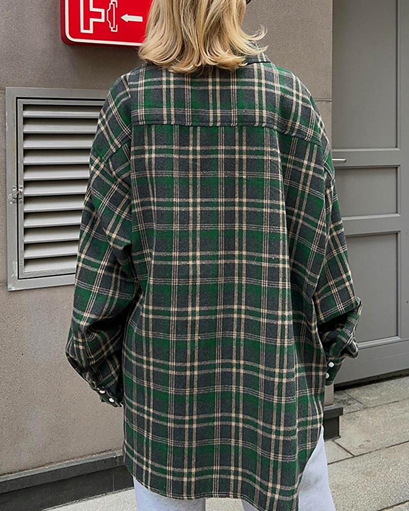 Femmes Chemise Plaid Quotidien Élégant Basique manche longue Col de chemise Hauts Réguliers Travail Quotidien Fête Boutons Vert Véronèse bleu marine Marron Printemps Automne de 2025 ? $31.99 –P8