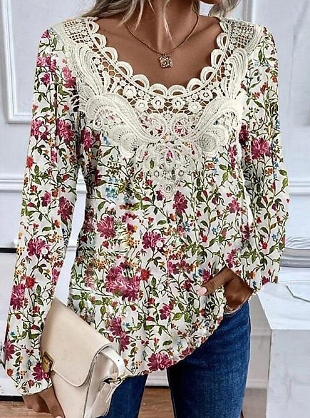 Femmes Chemisier Fleuri Graphique Plantes Élégant ancien Mode manche longue Col ras du cou Col en V Hauts Réguliers Quotidien Sortir Week-end Dentelle Patchwork Imprimé Rose poussiéreuse Violet Kaki de 2025 ? $23.99 –P4