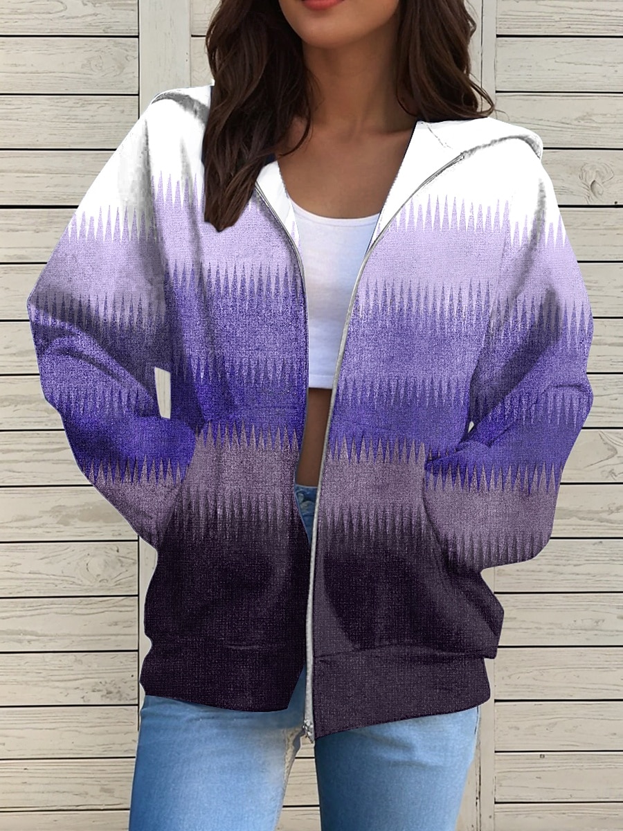 Women's Zip Up Hoodies Geometric Active Casual Long Sleeve Hooded Regular Tops Casual Holiday Zip Up Zipper Front Pocket Red Blue Purple Brown Green Spring Fall 2025 - $26.99 –P5
