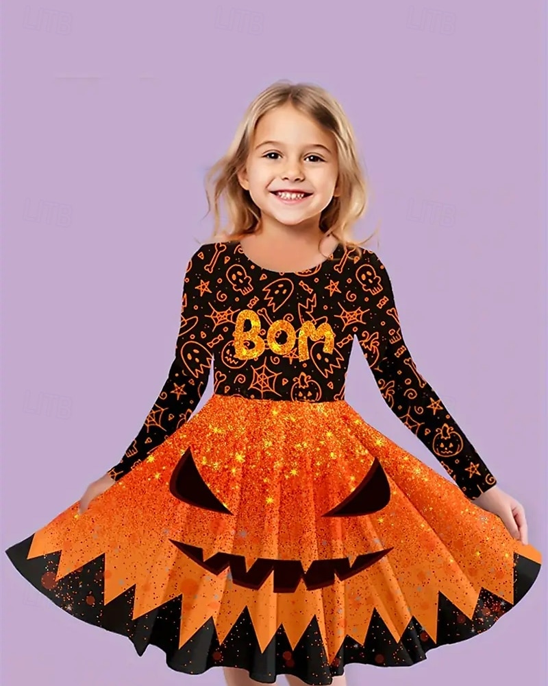 Halloween Flickor 3D Spöke Klänning Långärmad Sommar Vår Semester Dagligen Helgdag Prinsessa Skön Ljuv Barn 4-12 år Vardagsklänning A linjeklänning Knälång Normal 2025 - $16.99 –P1