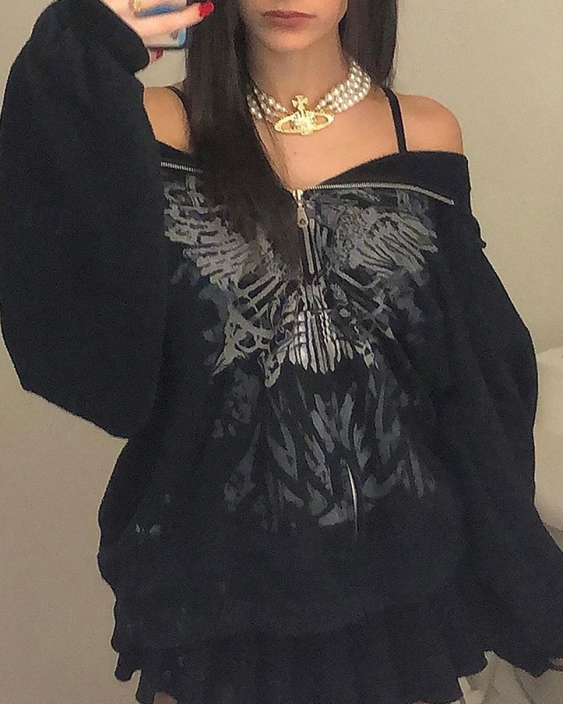 Femmes Sweat à capuche Fleuri Mode Streetwear manche longue À capuche Hauts Réguliers Rue Sortir Fermeture éclair Imprimé Noir Automne Hiver de 2025 ? $21.99 –P5