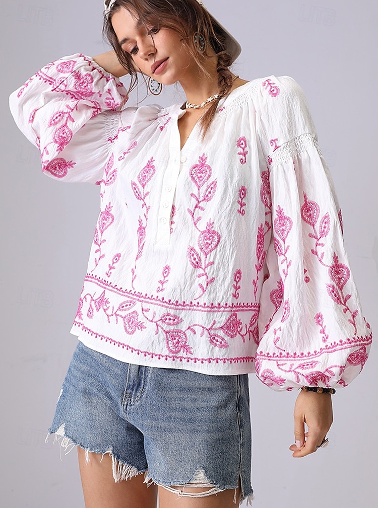 Női Ing Virágos Elegáns Csehország Szüret Hosszú ujj Lámpás hüvely V-alakú Crop Tops Napi Szabadság Alkalmi Hímzett Törtfehér hímzett szilvapiros-FEHÉR 2# sárgabarack hímzés világoszöld-sárgabarack 2025 - $54.99 –P1