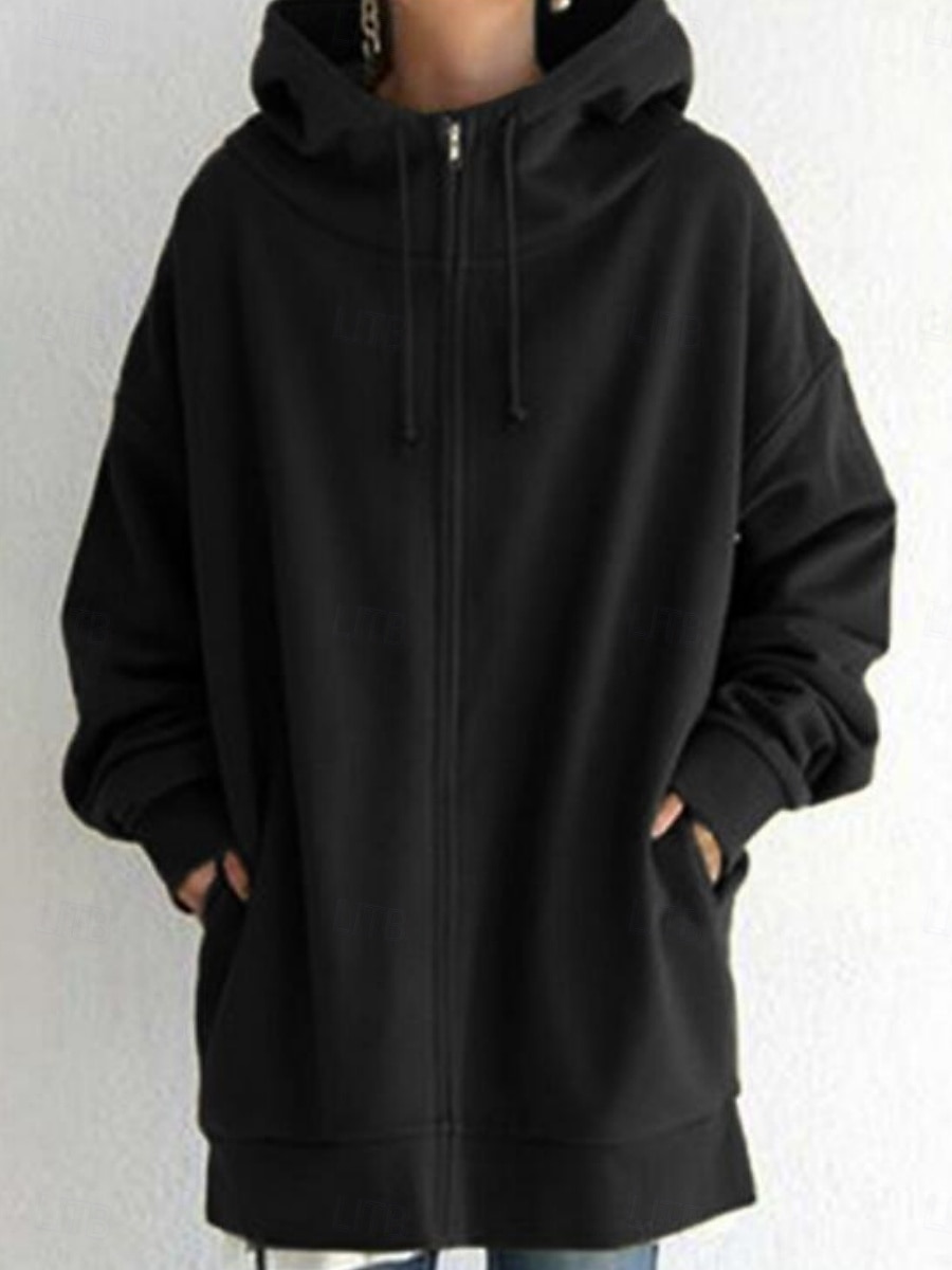 Women's Casual Jacket Hoodie Jacket Comfortable Breathable Zipper Pocket Casual Plain Street Casual Daily Wear Zipper Long Hooded Regular Fit Long Sleeve Outerwear Black Red Khaki Spring Fall 2025 - $22.99 –P4