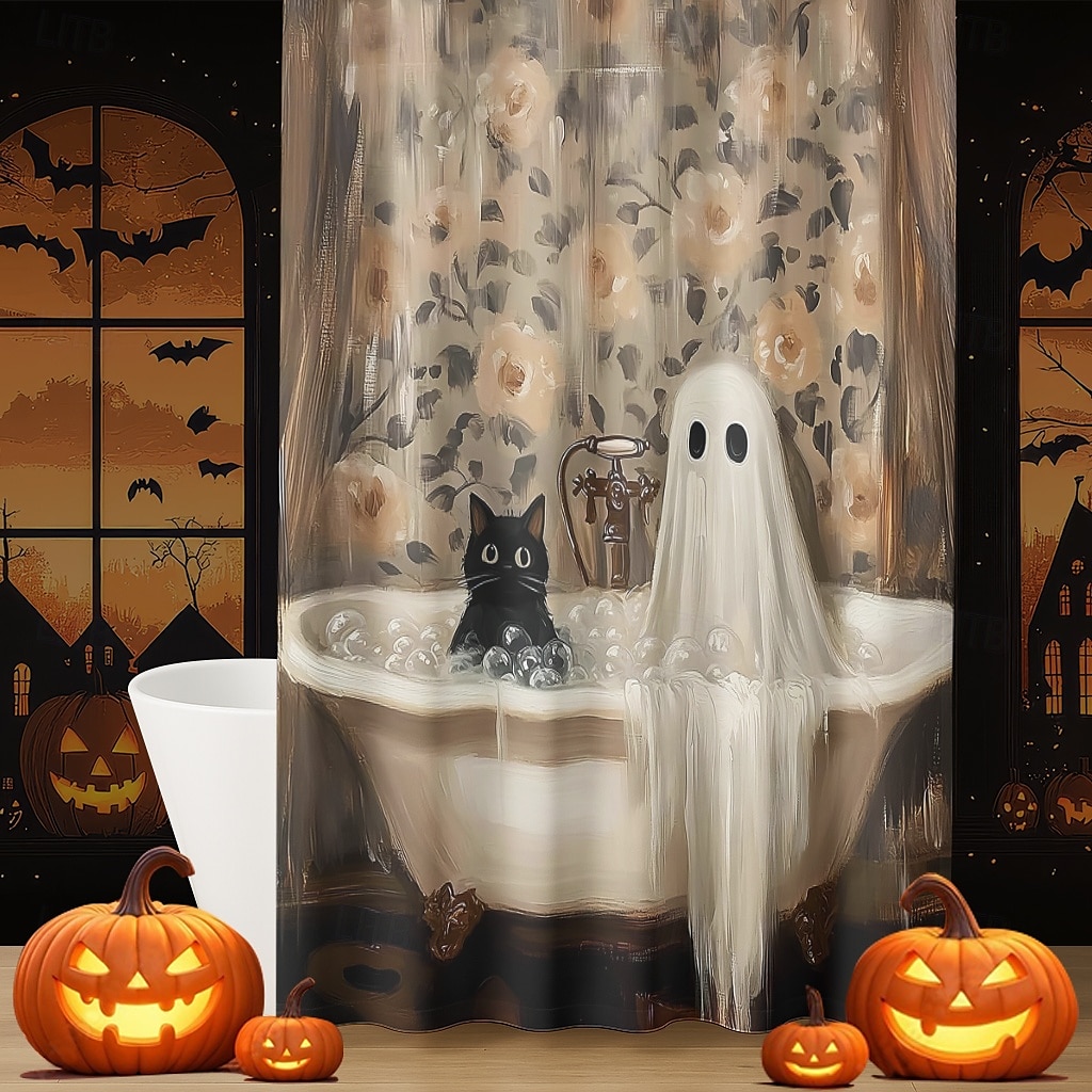 Halloweenský sprchový závěs s háčky, polyesterový, pratelný, voděodolný, vzorovaný, koupelnová vana, dekorace 2025 - $21.99 –P12