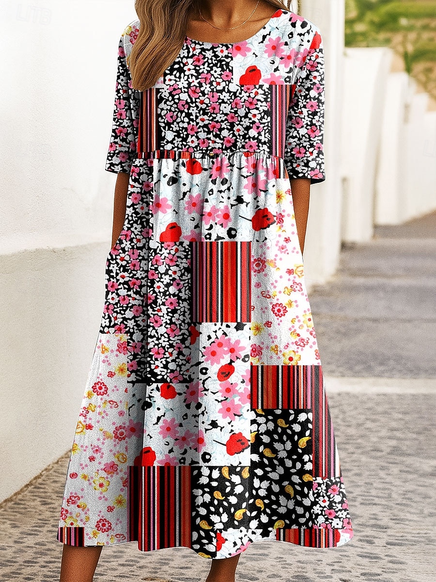 Damen Midikleid A Linie Kleid Sommerkleid Urlaub Lässig Ferien Normale Passform Grafik Geometrisch Halbarm Rundhalsausschnitt Rosa Rote Blau Grün Sommer Frühling Herbst 2025 - $31.99 –P5