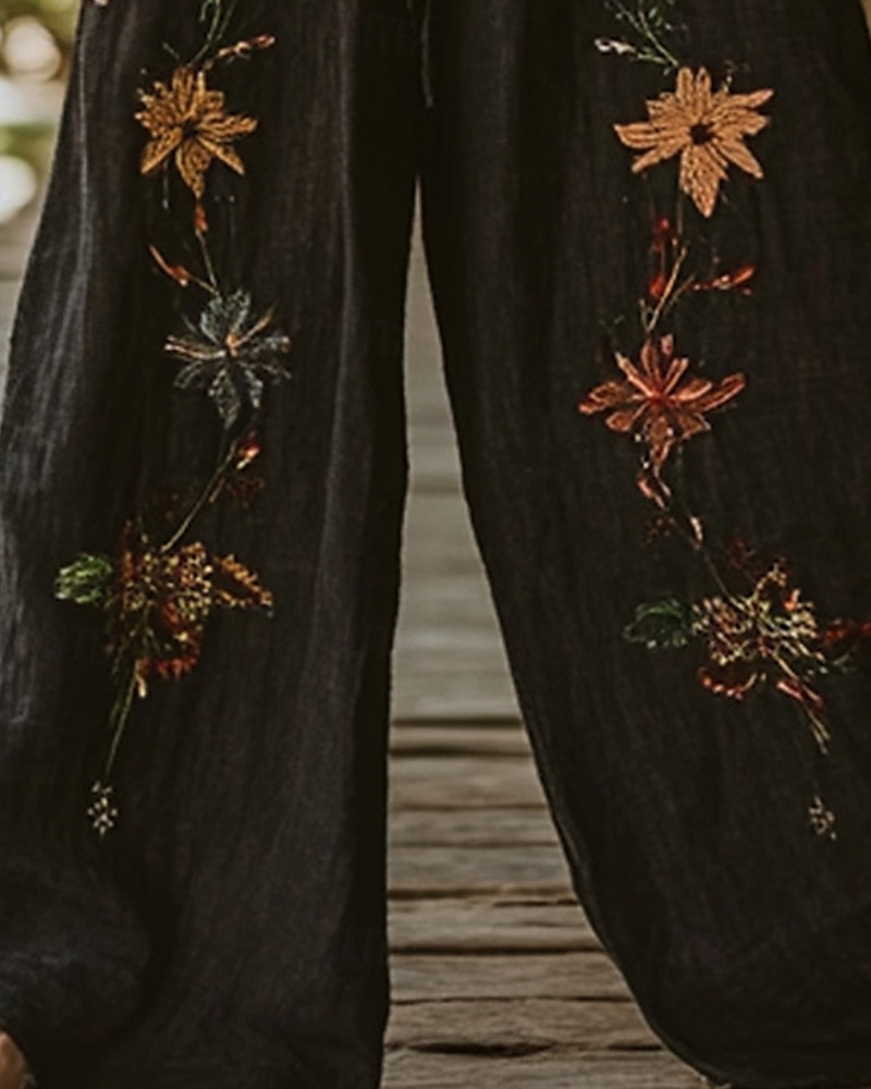 Dam Brett skaft Byxor Palazzo byxor Ledigt Boho Fullängd Hög midja Blomma Elastisk midja Snörning Mönster Mateial som andas Bekväm Gata Dagliga kläder Utekväll Svart Vår Höst Normal 2025 - $32.99 –P3