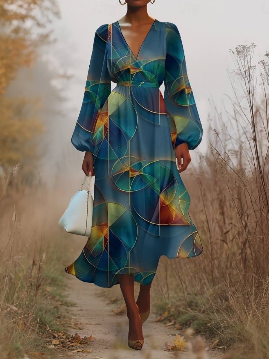 Women's Midi Dress Casual Dress Chiffon Swing Dress Modern Vacation Daily Weekend Regular Fit Geometric Long Sleeve V Neck Yellow Purple Green Summer Spring Fall Autumn 2025 - $31.99 –P1