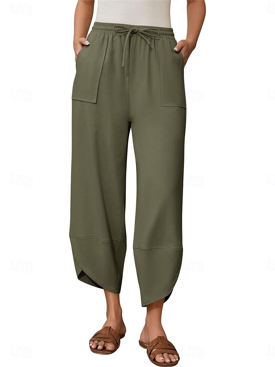 Mulheres Calças de linho de algodão chinês Moda Básico Comprimento total Cintura Alta Tecido Bolsos Com Cordão Conforto Exterior Micro-Elástica Férias Rua Diário Verde Militar Preto Azul cáqui Verão de 2025 por $23.99 –P7