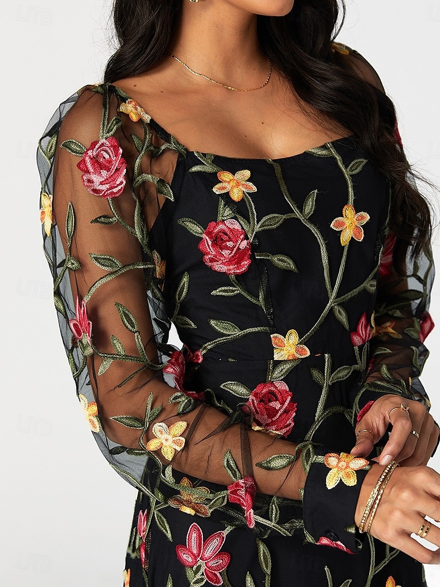 A-Linie Brautmutterkleid Elegant Schwarzes Kleid Durchsichtig Quadrathals Knöchellänge Tüll Langarm mit Rüschen Stickerei 2025 2025 - $119.99 –P6