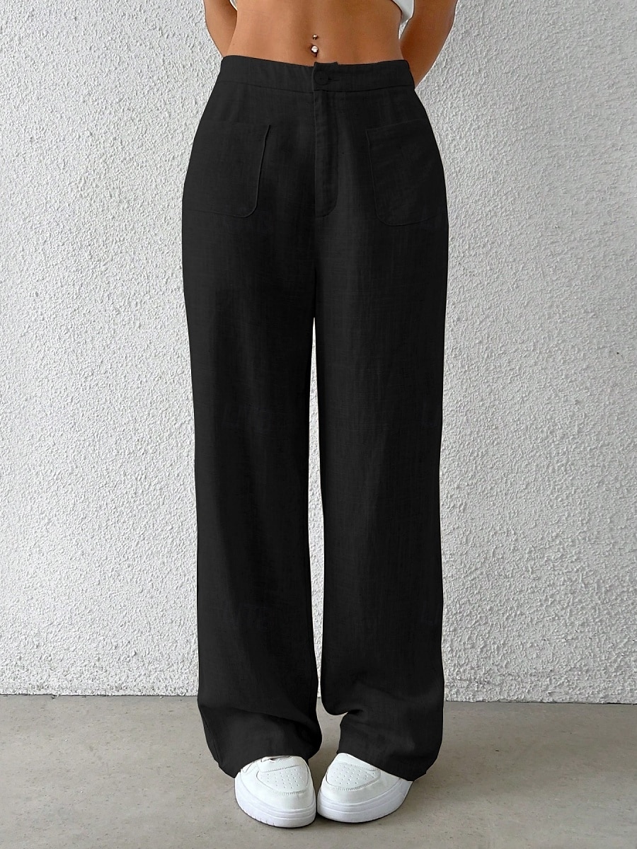 Damen Weites Bein Chinos Mode Basic Lässig Volle Länge Mittlere Taillenlinie Einfarbig Tasche Komfort Außenbereich Unelastisch Urlaub Straße Täglich Schwarz Weiß Blau Aprikose Sommer Frühling Herbst 2025 - $37.99 –P12