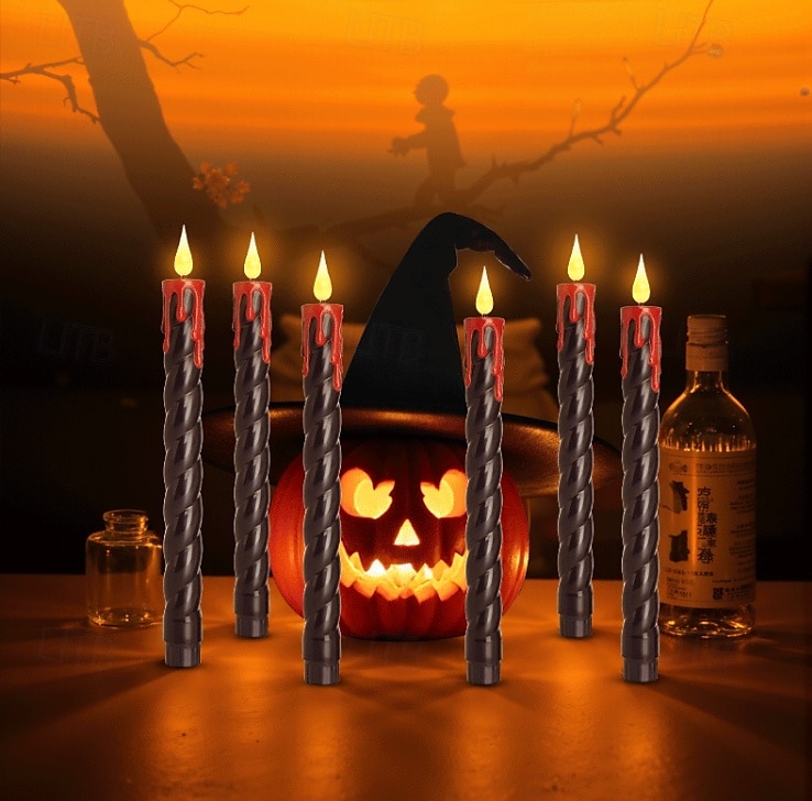 6 Stück 25 cm Halloween-Faden, schwarzer Stab, fließende rote Tränen, Simulation elektronischer Kerzenlicht-Timer, Fernbedienung, AA-Batterie, Partyatmosphäre für drinnen und draußen, dekoratives 2025 - $24.99 –P1