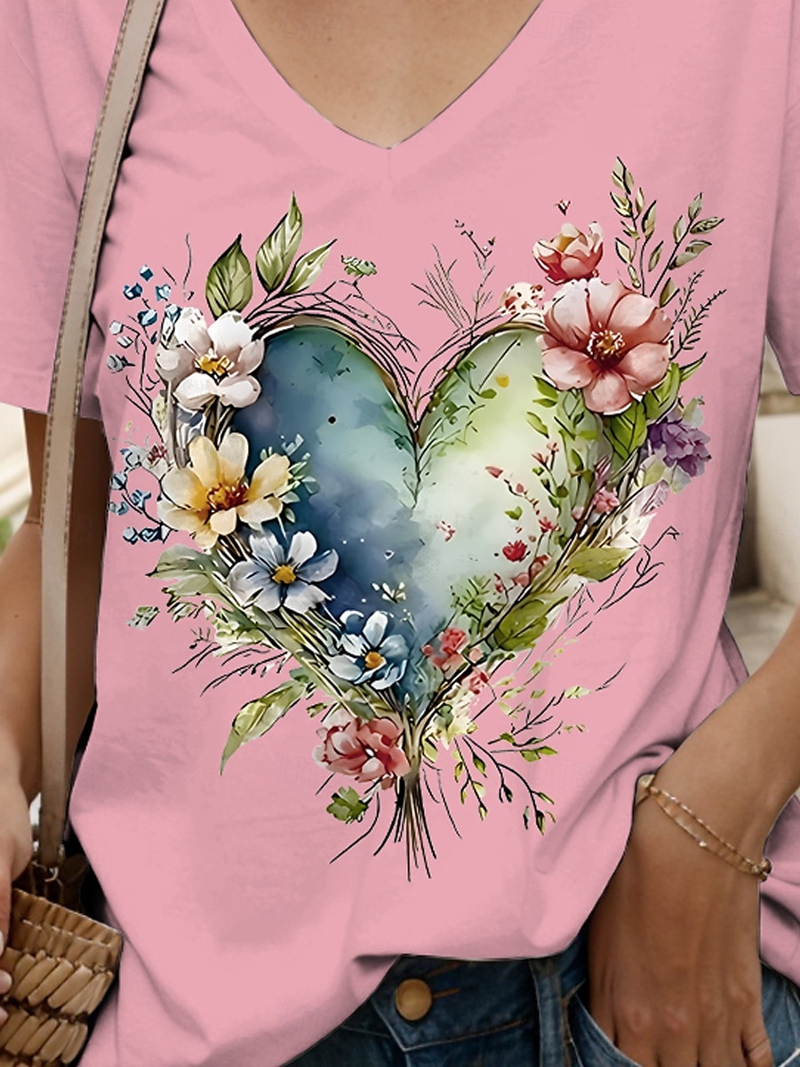 Femmes T-shirt Cœur Fleuri Graphique ancien Mode Hawaïen Manche Courte Col en V Hauts Réguliers Quotidien Sortir Week-end Imprimé Noir Blanche Jaune Rose Claire Bleu Été Printemps de 2025 ? $19.99 –P3