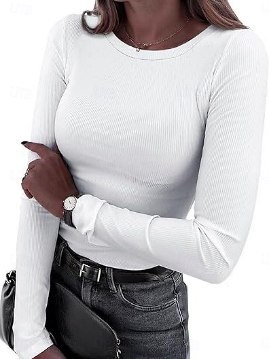 Women's Blouse Solid Color Stylish Basic Casual Long Sleeve Crew Neck Regular Tops Daily White Red Orange Gray Summer Spring 2025 - $11.49 –P2