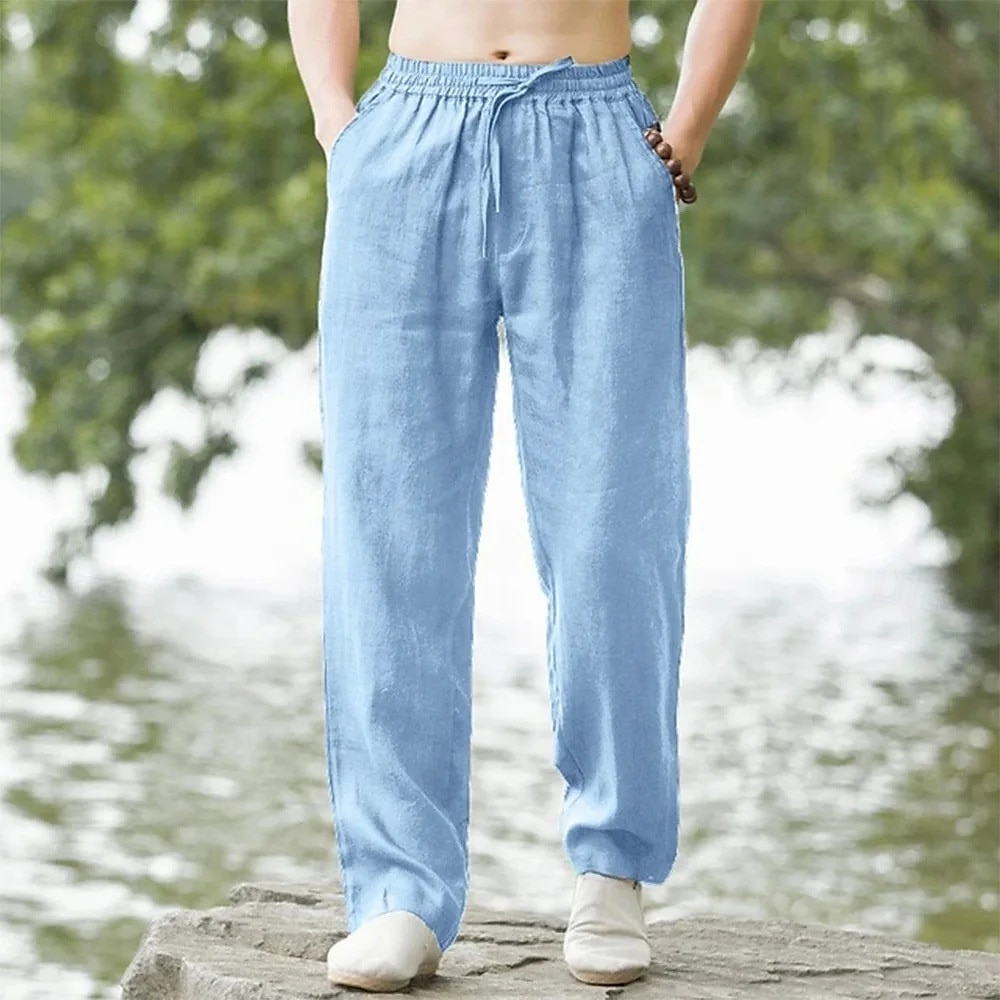 Homens Calças de linho Calças Calça verão Calças largas Cintura elástica Com Cordão Perna reta Tecido Conforto Respirável Comprimento total Ao ar livre Casual Diário Moda Estilo Clássico Preto Branco de 2025 por $20.99 –P1