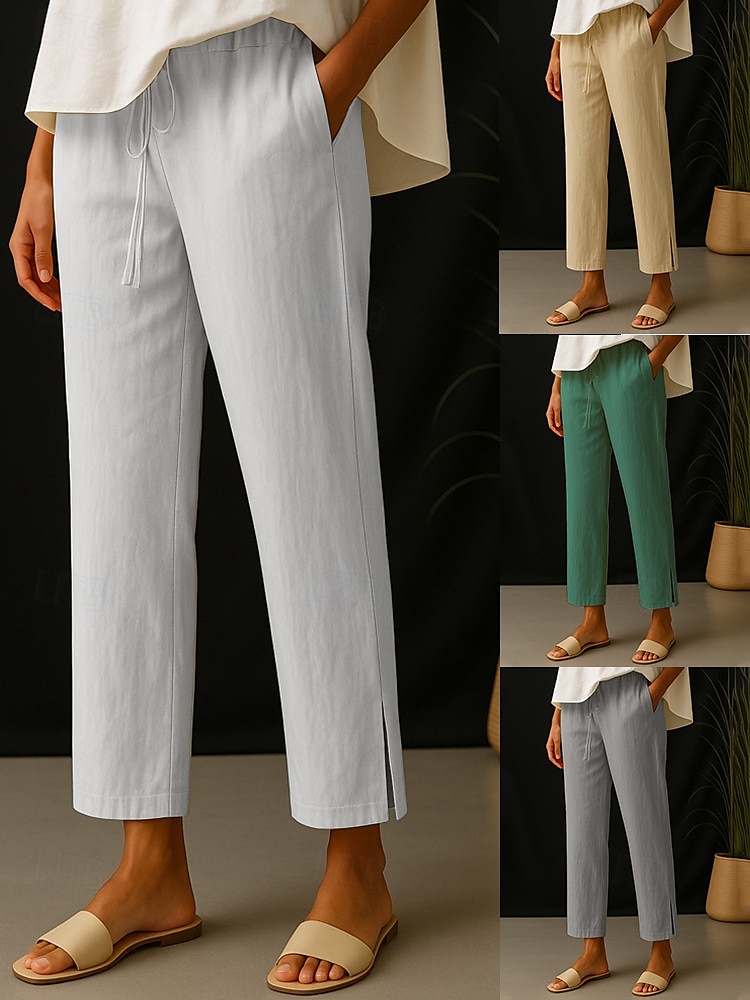 Women's Cotton Linen Pants Simple Casual Long High Waist Plain Pocket Elastic Drawstring Design High Cut Breathability Soft Micro-elastic Daily Wear White Green Beige Gray Spring Fall Regular Fit 2025 - $17.99 –P7