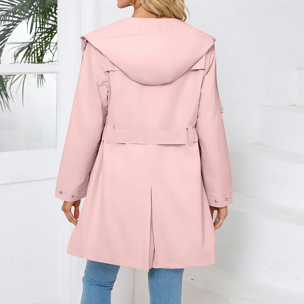 Women's Coat Waterproof Comfortable Pocket Buttons Fashion Street Style Plain Outdoor Casual Daily Long Hooded Regular Fit Long Sleeve Outerwear Black White Pink Spring Fall 2025 - $43.99 –P5