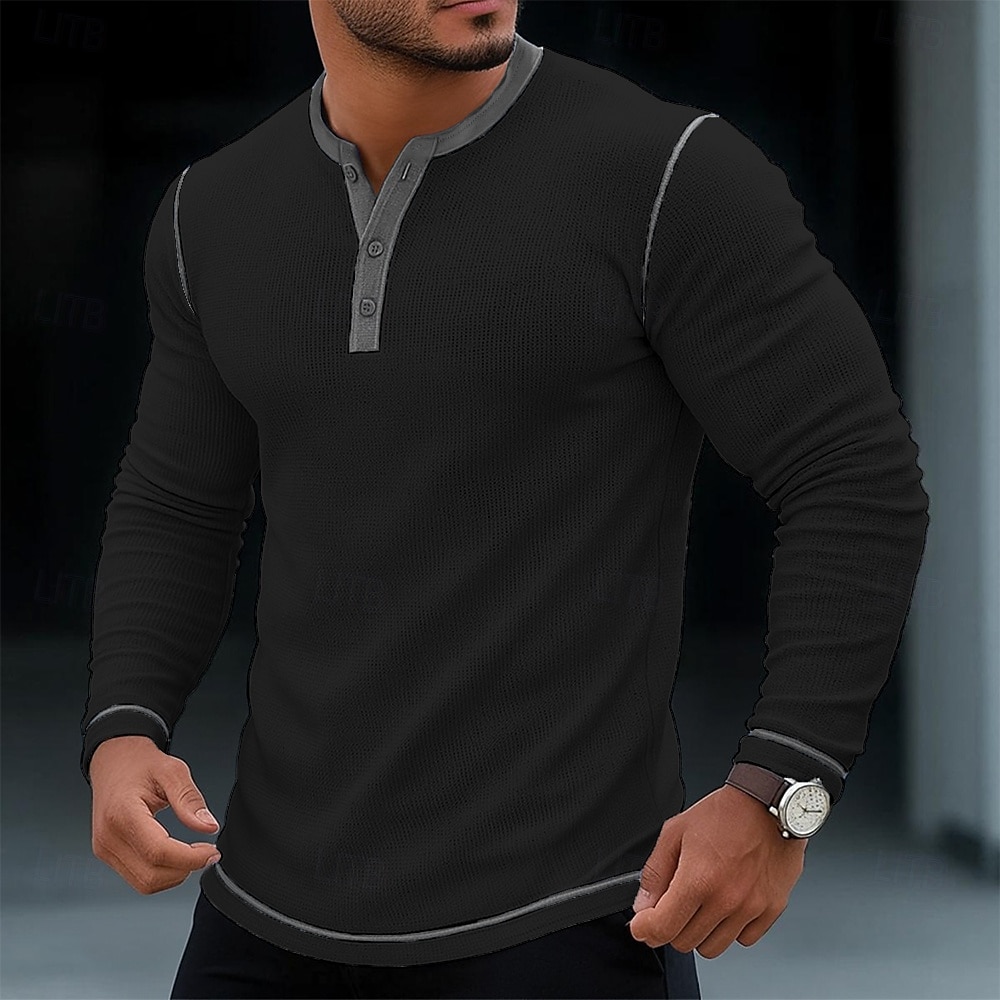 Муж. Футболка Рубашка Хенли Вафельная трикотажная футболка Рубашка с длинным рукавом Длинный рукав Контрастных цветов Один цвет Мода Оригинальный рисунок Классический Пэчворк Хенли 2026 - $21.99 –P7