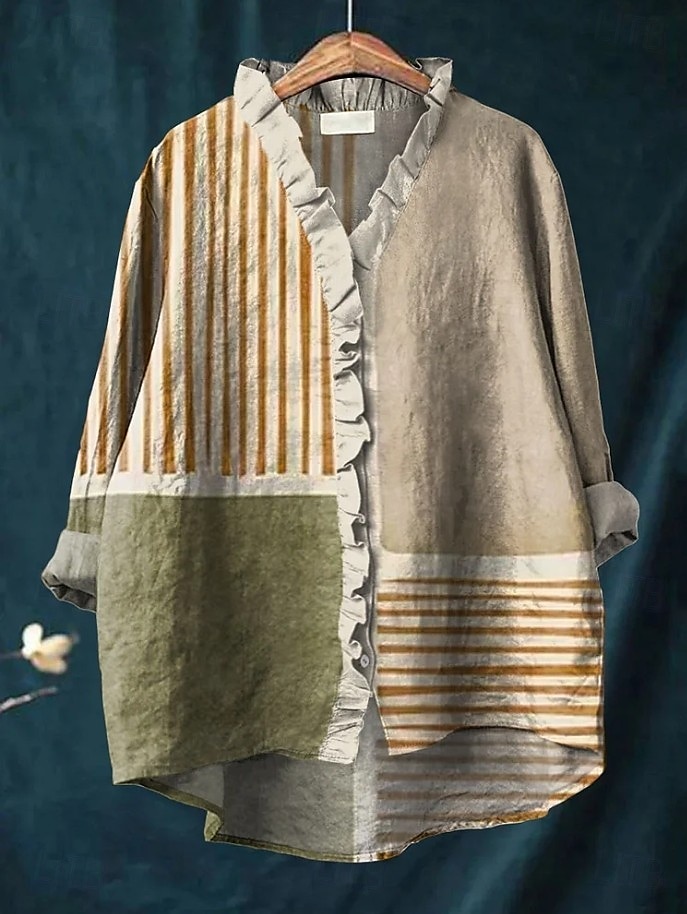 Dámské Boho košile Grafika Geometrický Elegantní Čechy Aktivní Do V Běžné topy Denní Dovolená Oblečení na pláž Volány Džínová modrá Žlutá Rubínově červená Vodní modrá Fialová Podzim 2025 - $24.99 –P4